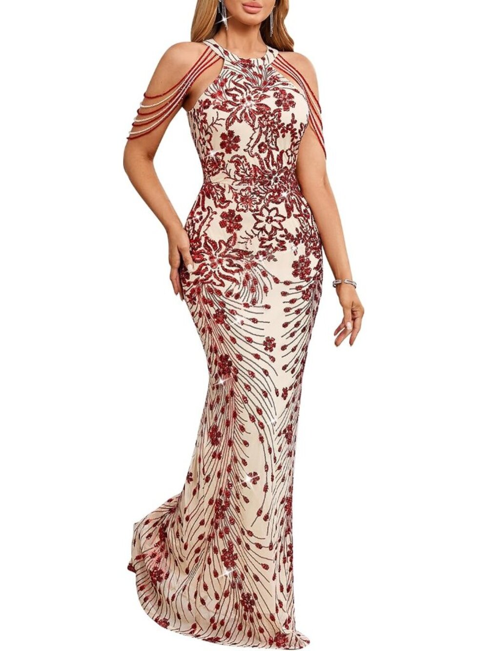 Women's Red Pattern Elegant Sequin Tassel Off Shoulder Halter Bodycon Maxi Dress